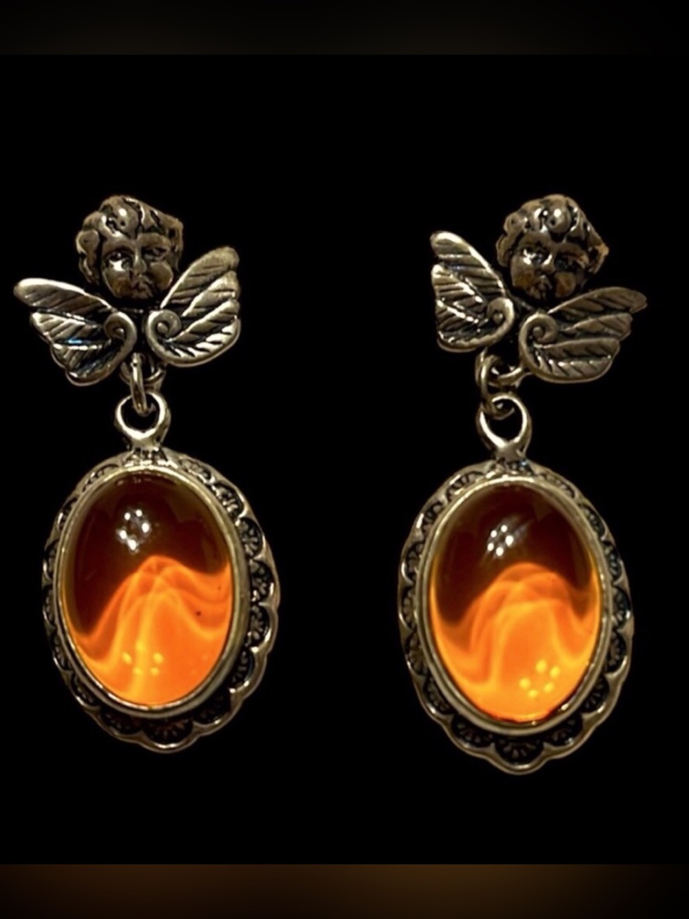 925 VD Cognac Amber Cherub Sterling Silver Post Earrings. Pre owned